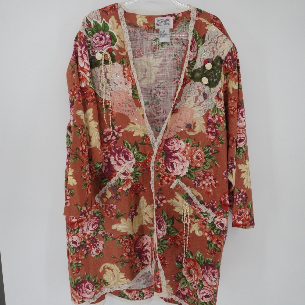 Lacy Afternoon Cardigan 3X Floral Tapestry Duster Lace Pearls Boho Cottagecore